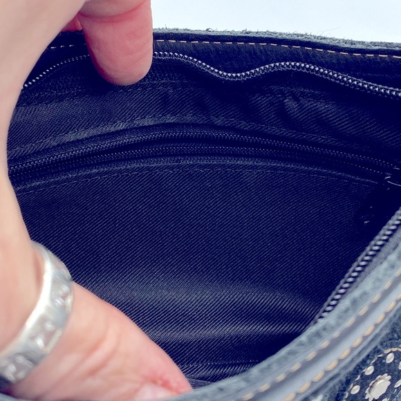 Black Leather /Suede Crescent Shaped Wristlet Bag Paisley Designs Silver Studs - Picture 6 of 15